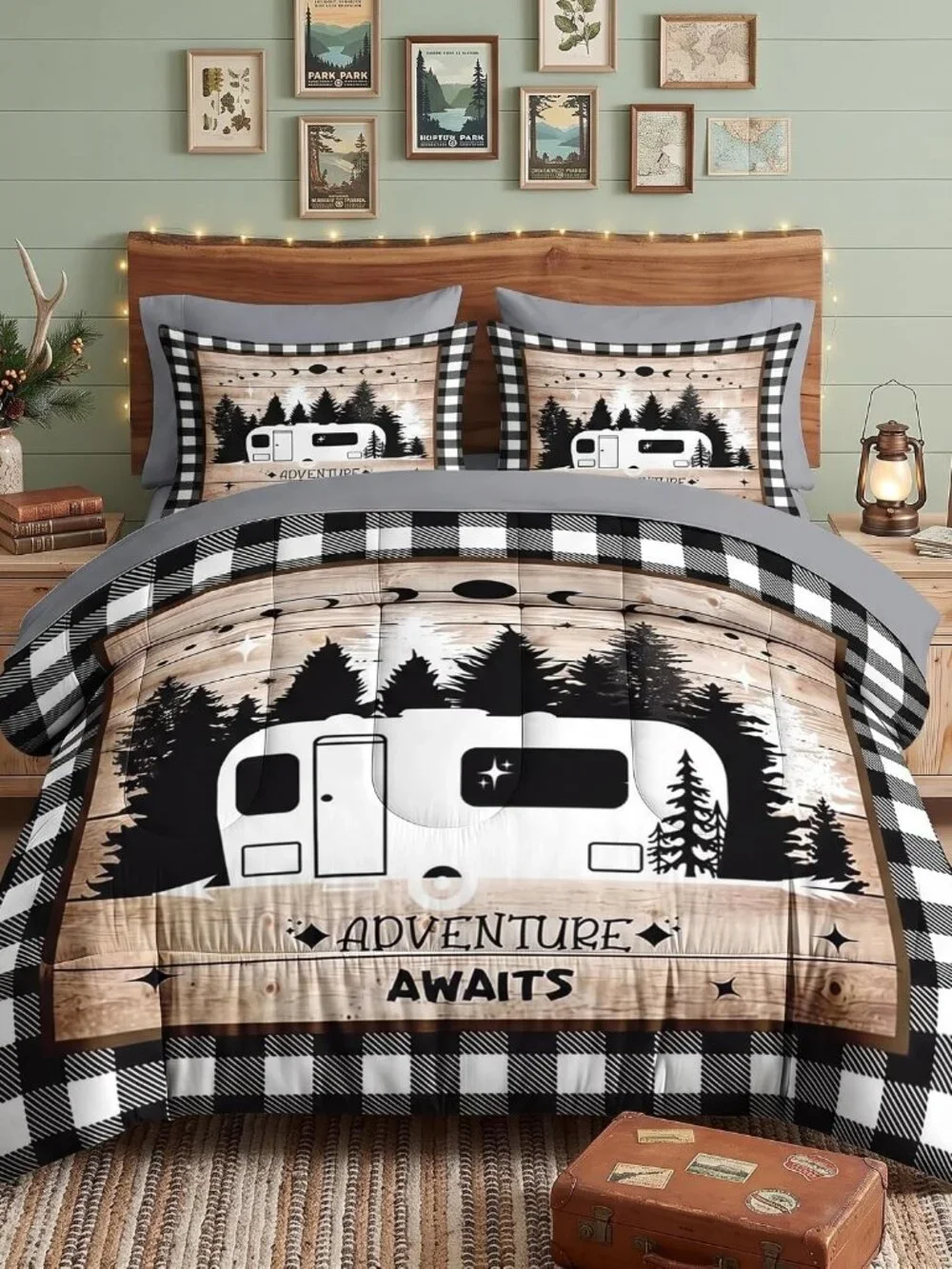 7 Pieces Comforter Set Full Size, Camping Camper Plaid Bedding Set with Fitted S